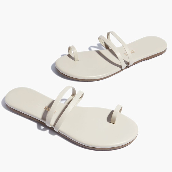Tkees Leah Strappy Sandals Stone Grey Leather Toe Flat Slides Sz 11 Women's - Picture 1 of 9